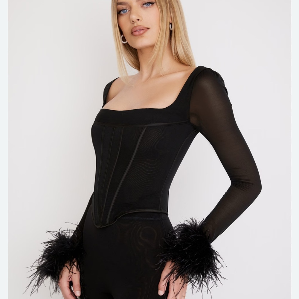 House of CB Black Sheer Corset Top with Feather Details